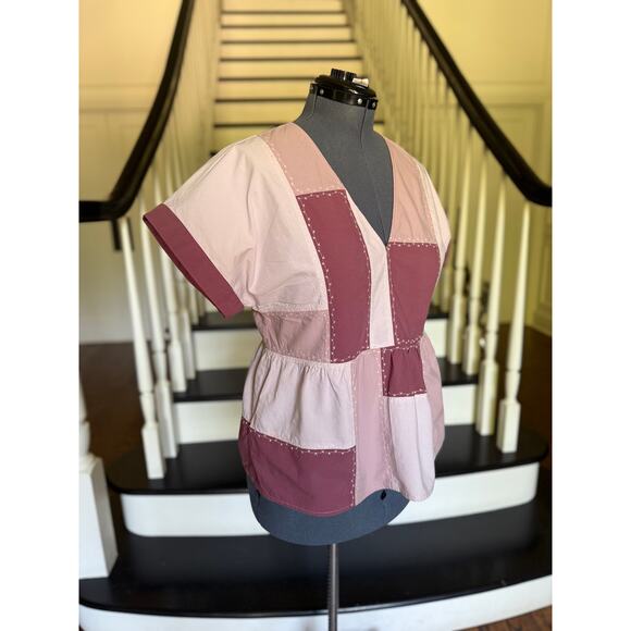 Madewell Signature Poplin Patchwork Peplum Top Rustic Coastal Boho Summer Casual - Picture 4 of 11